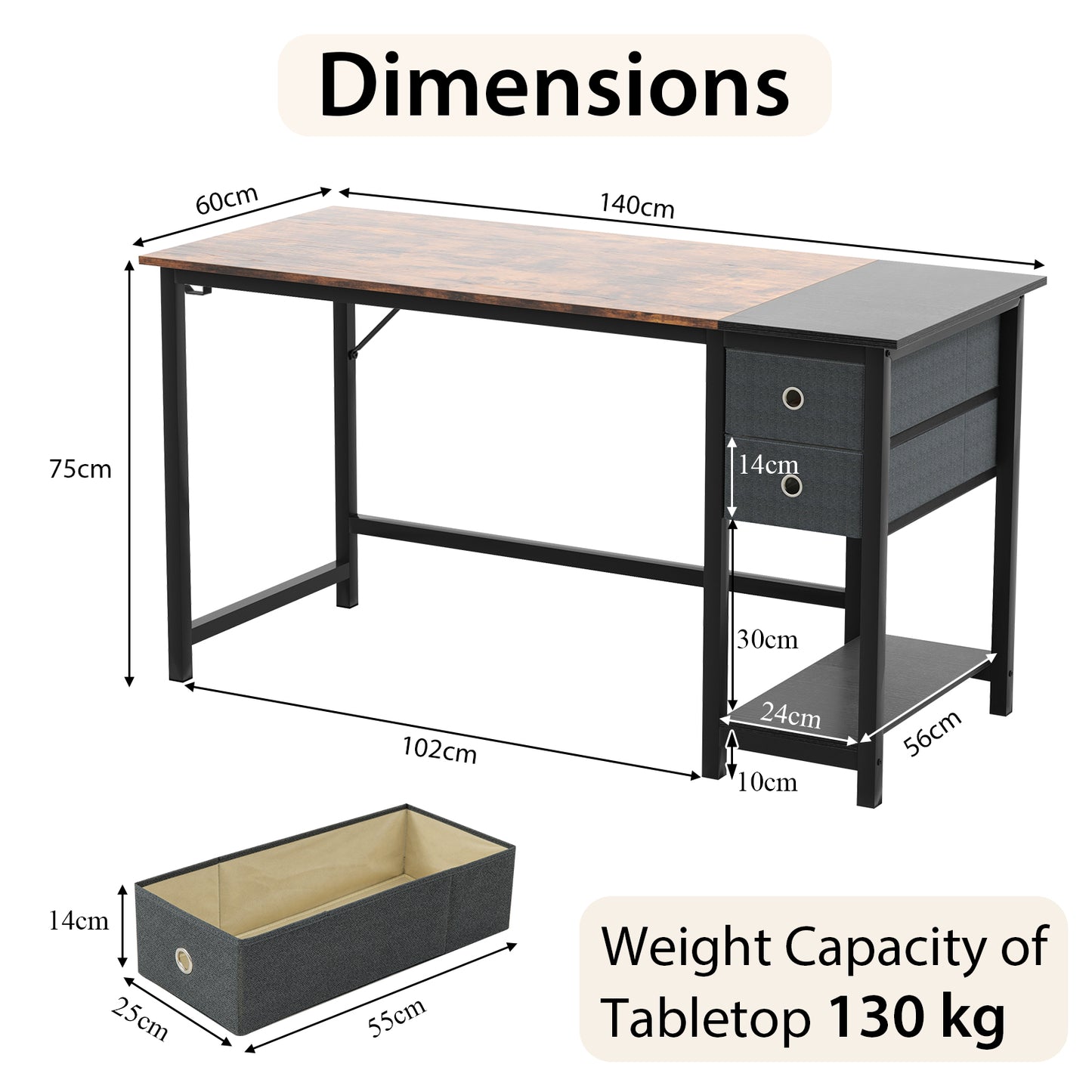 140cm Office Desk Computer Workstation with 2 Drawers and Hook-M