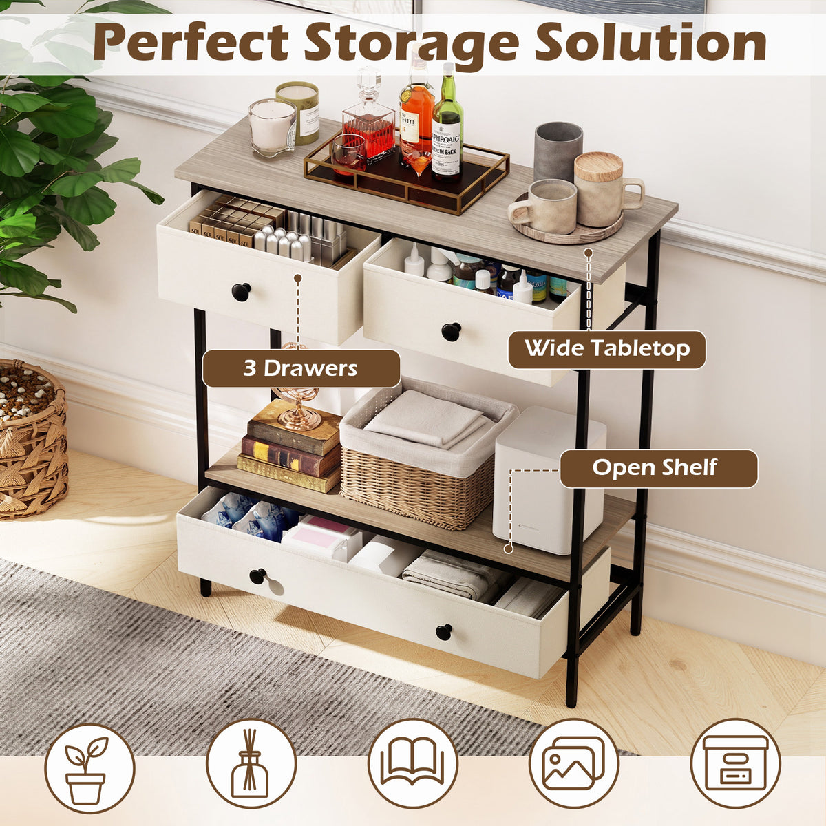Console Table Industrial Entryway Table with 3 Fabric Drawers-Grey