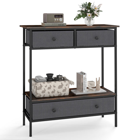 Console Table Industrial Entryway Table with 3 Fabric Drawers-Rustic Brown