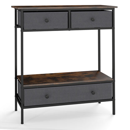 Console Table Industrial Entryway Table with 3 Fabric Drawers-Rustic Brown