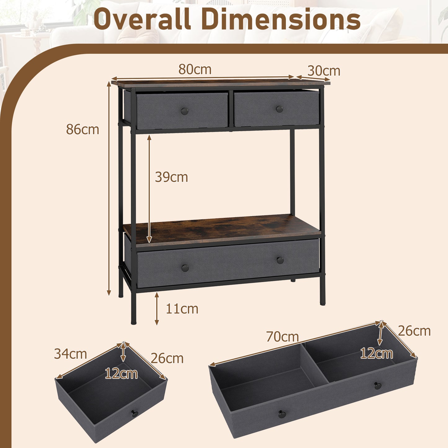 Console Table Industrial Entryway Table with 3 Fabric Drawers-Rustic Brown
