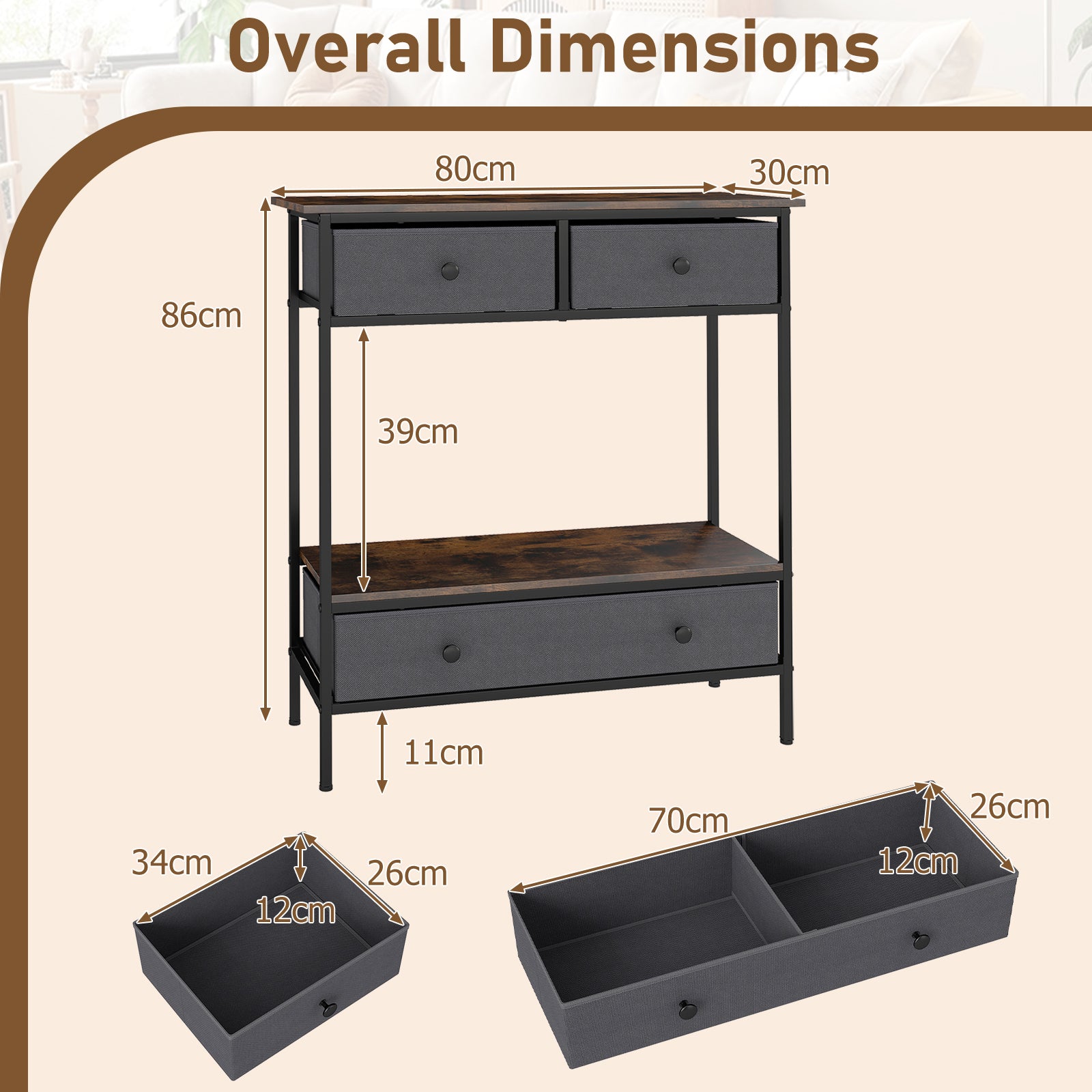 Console Table Industrial Entryway Table with 3 Fabric Drawers-Rustic Brown