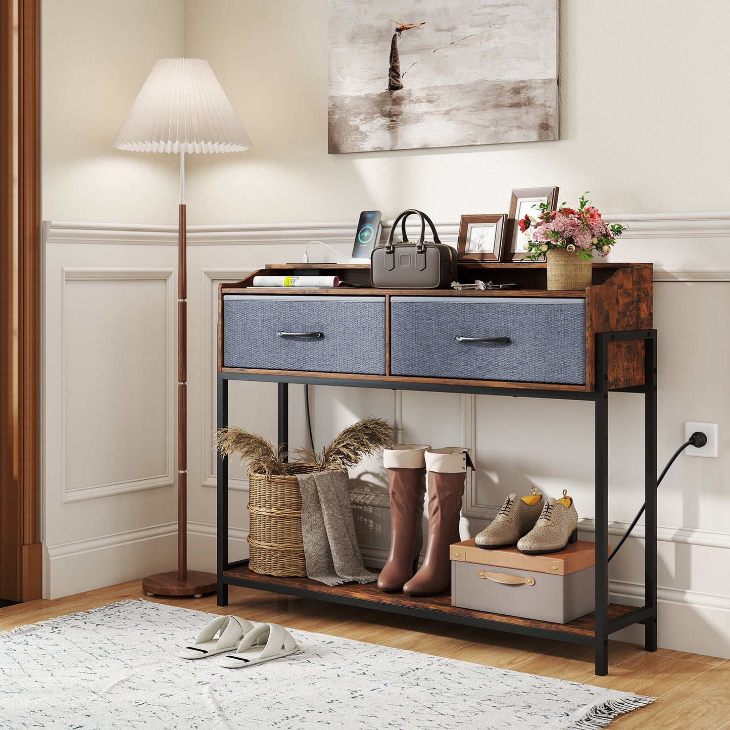 Console Table with Charging Station 110cm Entryway Table with 2 Drawers-Rusticbrown