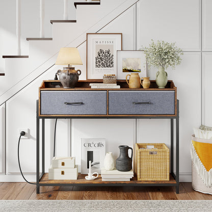 Console Table with Charging Station 110cm Entryway Table with 2 Drawers-Rusticbrown