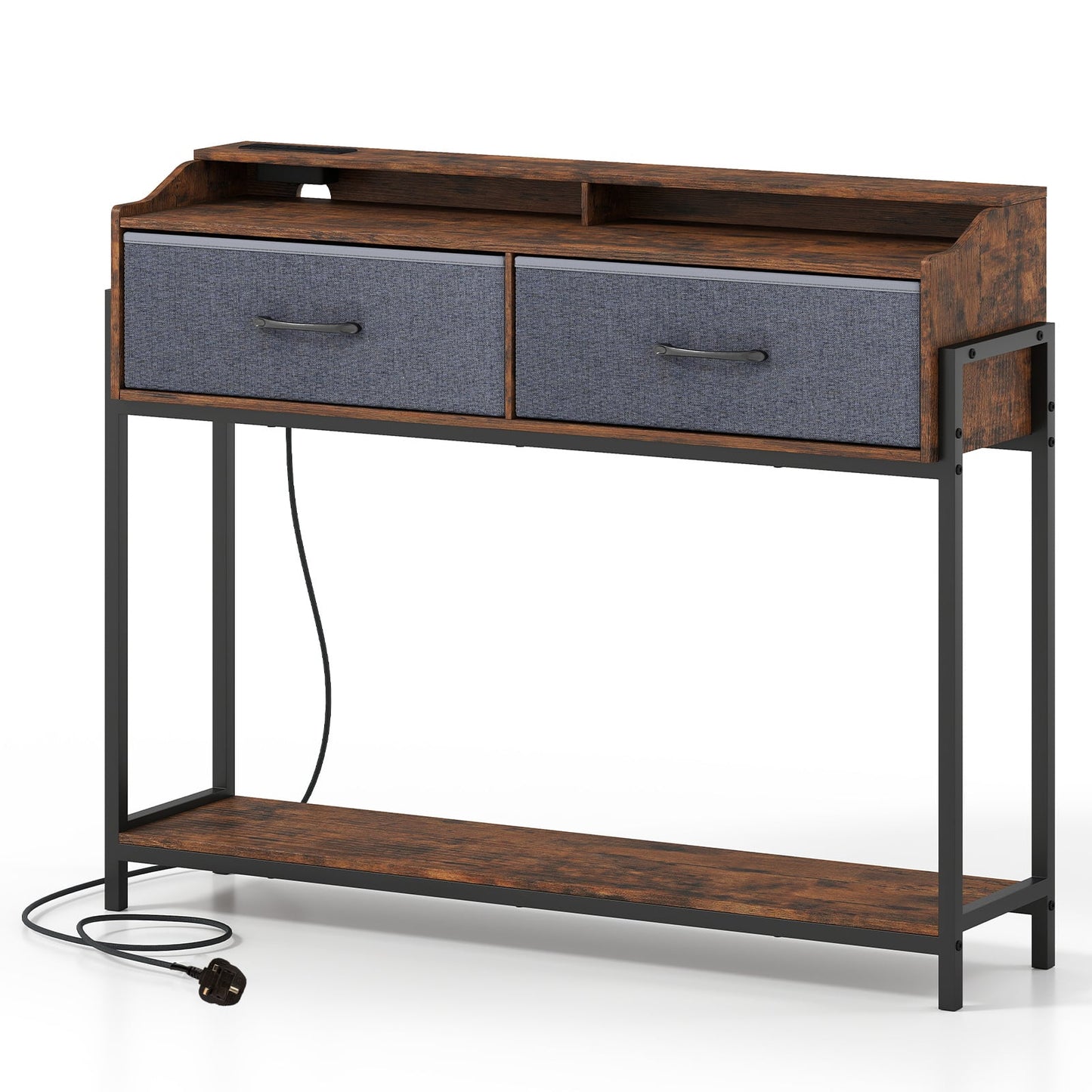 Console Table with Charging Station 110cm Entryway Table with 2 Drawers-Rusticbrown