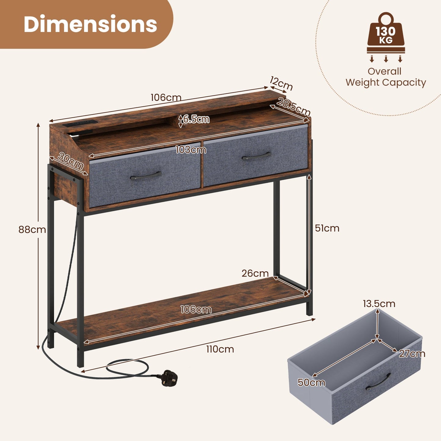 Console Table with Charging Station 110cm Entryway Table with 2 Drawers-Rusticbrown