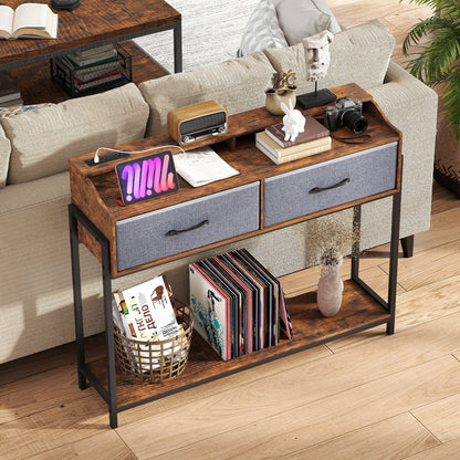 Console Table with Charging Station 110cm Entryway Table with 2 Drawers-Rusticbrown