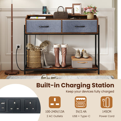 Console Table with Charging Station 110cm Entryway Table with 2 Drawers-Rusticbrown