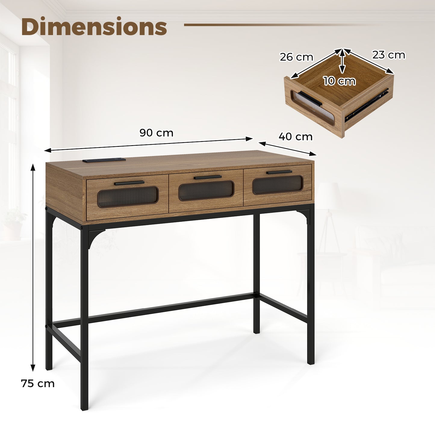 Console Table with Charging Station with Drawers and LED Lights-Natural