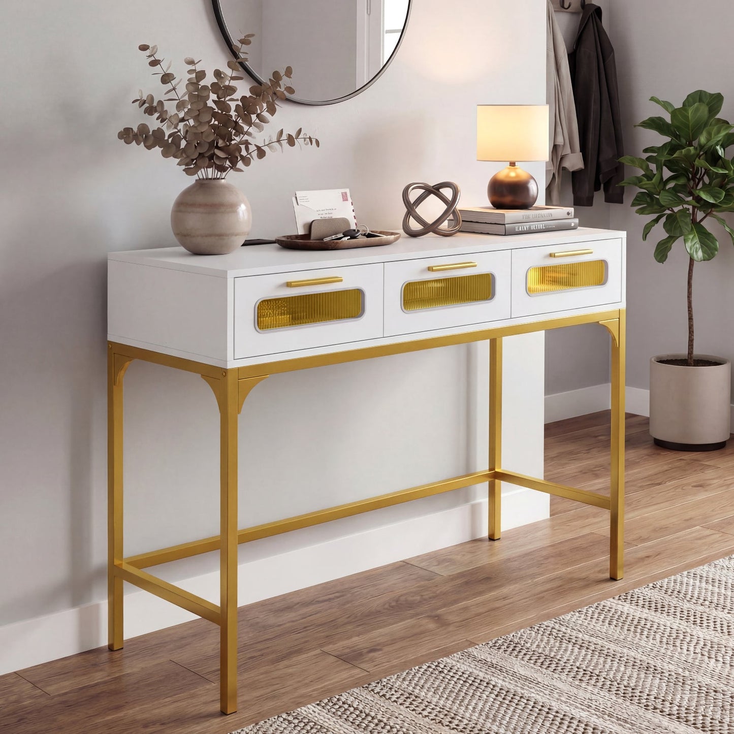 Console Table with Charging Station with Drawers and LED Lights-White