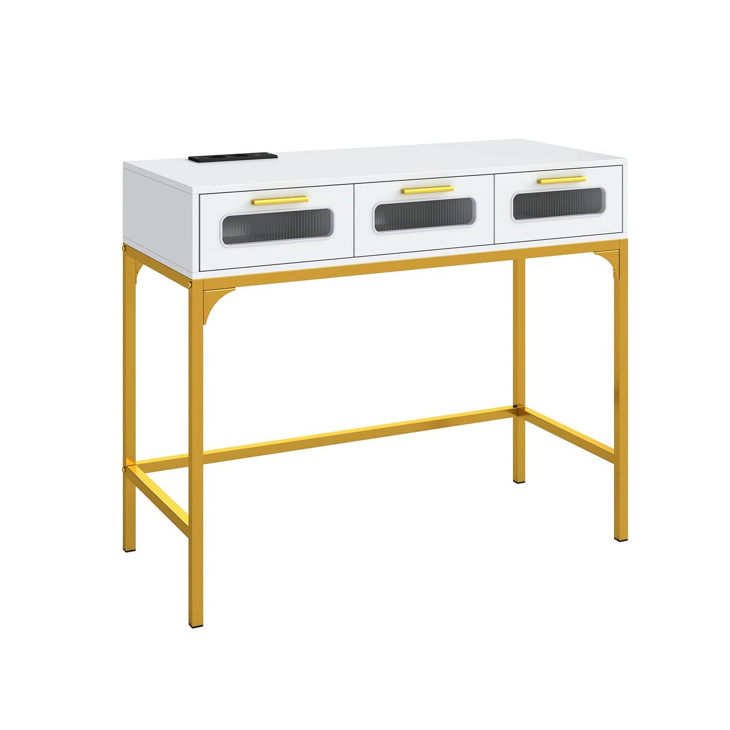 Console Table with Charging Station with Drawers and LED Lights-White