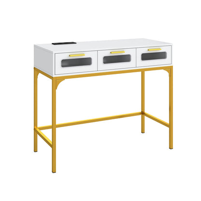 Console Table with Charging Station with Drawers and LED Lights-White