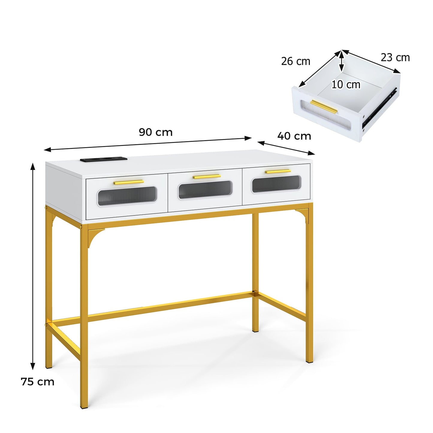 Console Table with Charging Station with Drawers and LED Lights-White