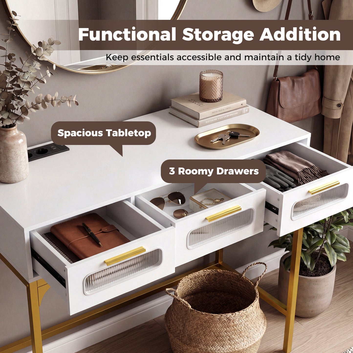 Console Table with Charging Station with Drawers and LED Lights-White