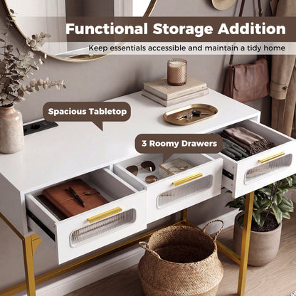 Console Table with Charging Station with Drawers and LED Lights-White
