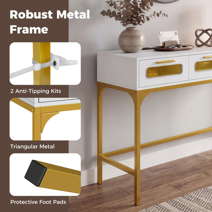 Console Table with Charging Station with Drawers and LED Lights-White