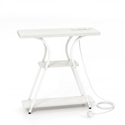 Console Table with LED Lights Power Outlets and Storage Shelves for Entryway-White