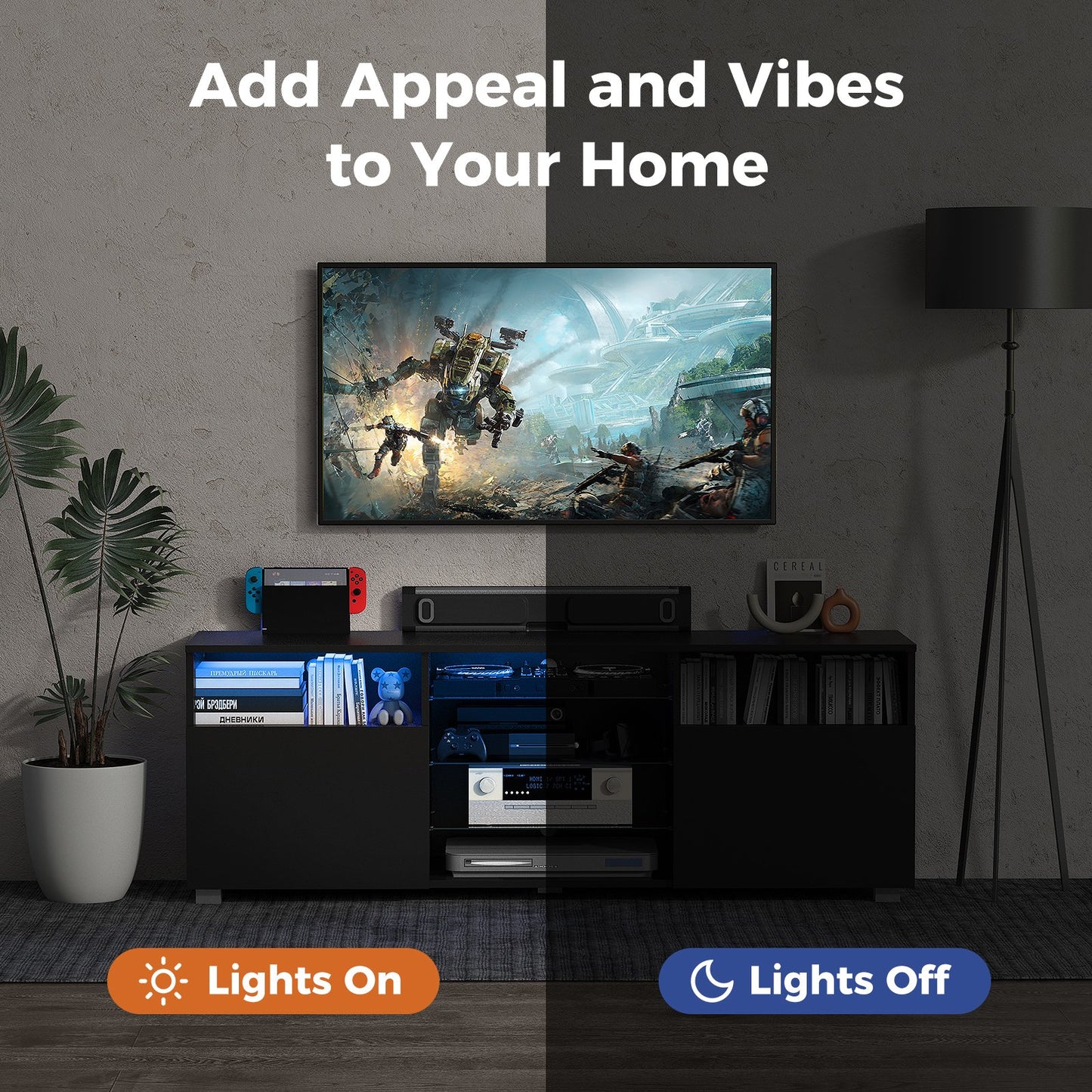 حامل تلفزيون كونسول لأجهزة التلفاز حتى 65 بوصة مع أضواء LED و2 باب - أسود