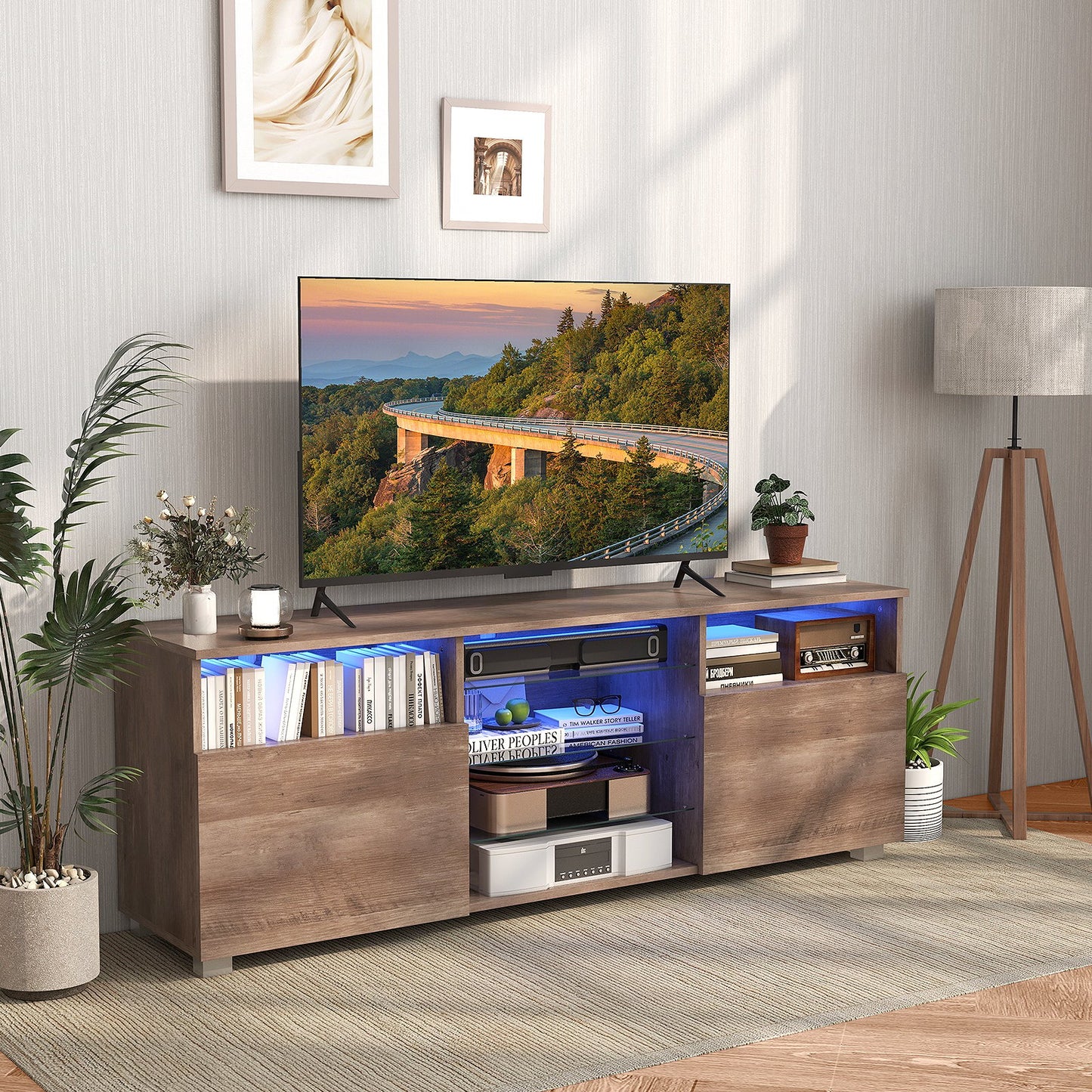 Console TV Stand for TVs up to 65 Inches with LED Lights and 2 Doors-Grey