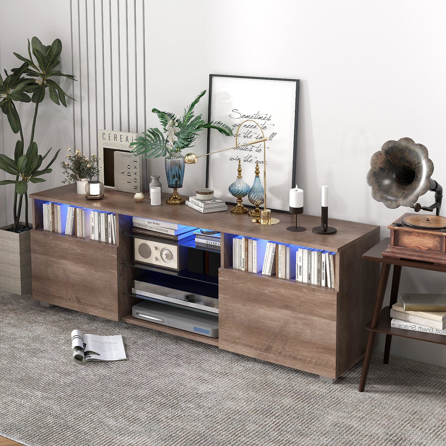 Console TV Stand for TVs up to 65 Inches with LED Lights and 2 Doors-Grey