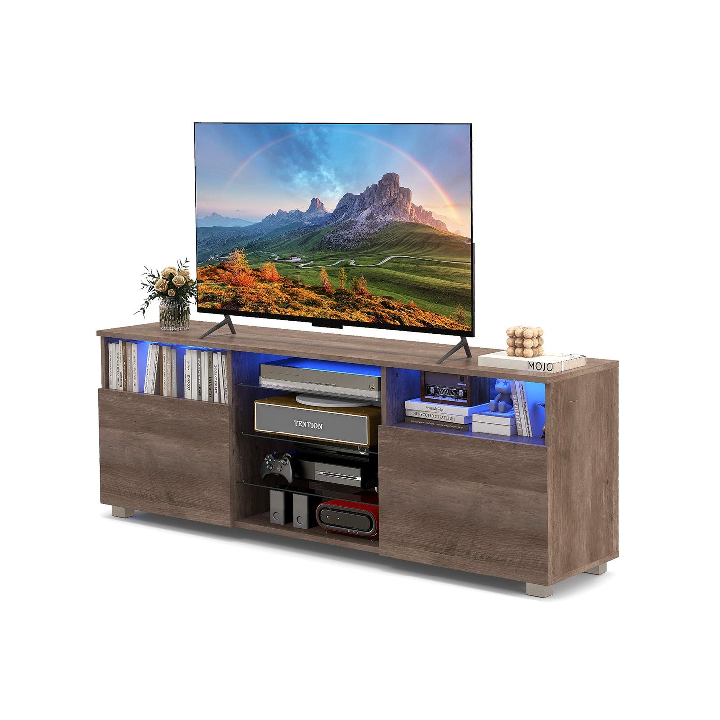 Console TV Stand for TVs up to 65 Inches with LED Lights and 2 Doors-Grey