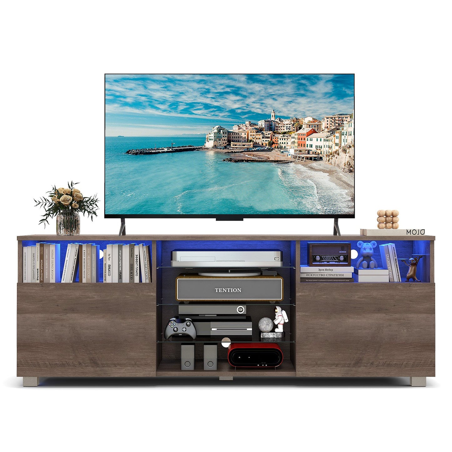 Console TV Stand for TVs up to 65 Inches with LED Lights and 2 Doors-Grey