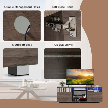 Console TV Stand for TVs up to 65 Inches with LED Lights and 2 Doors-Grey