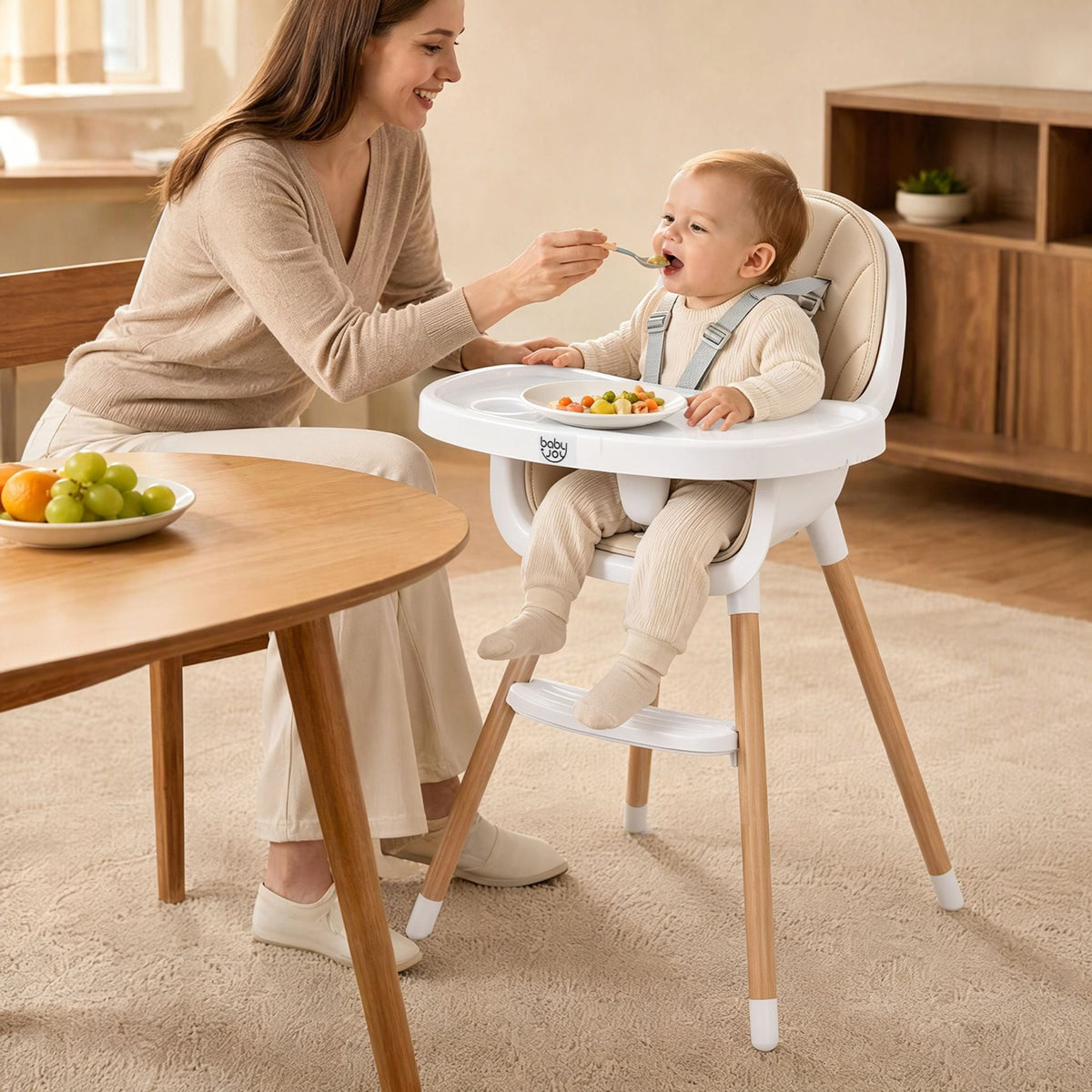 Convertible High Chair for Babies and Toddlers 5-Point Harness Dishwasher Safe Frame-Beige