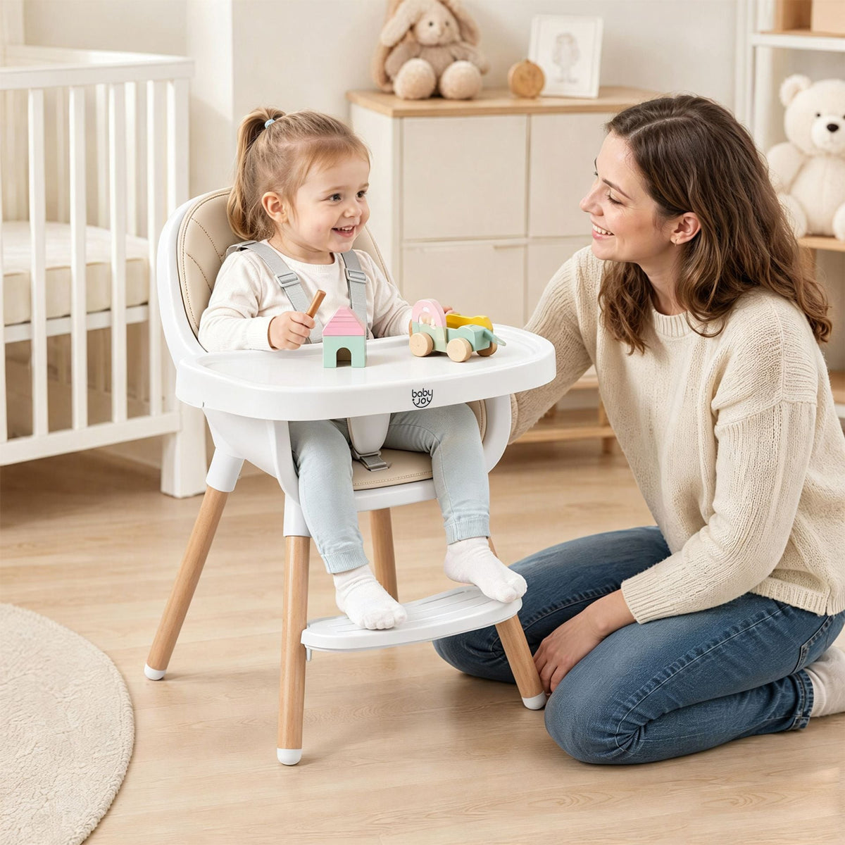 Convertible High Chair for Babies and Toddlers 5-Point Harness Dishwasher Safe Frame-Beige