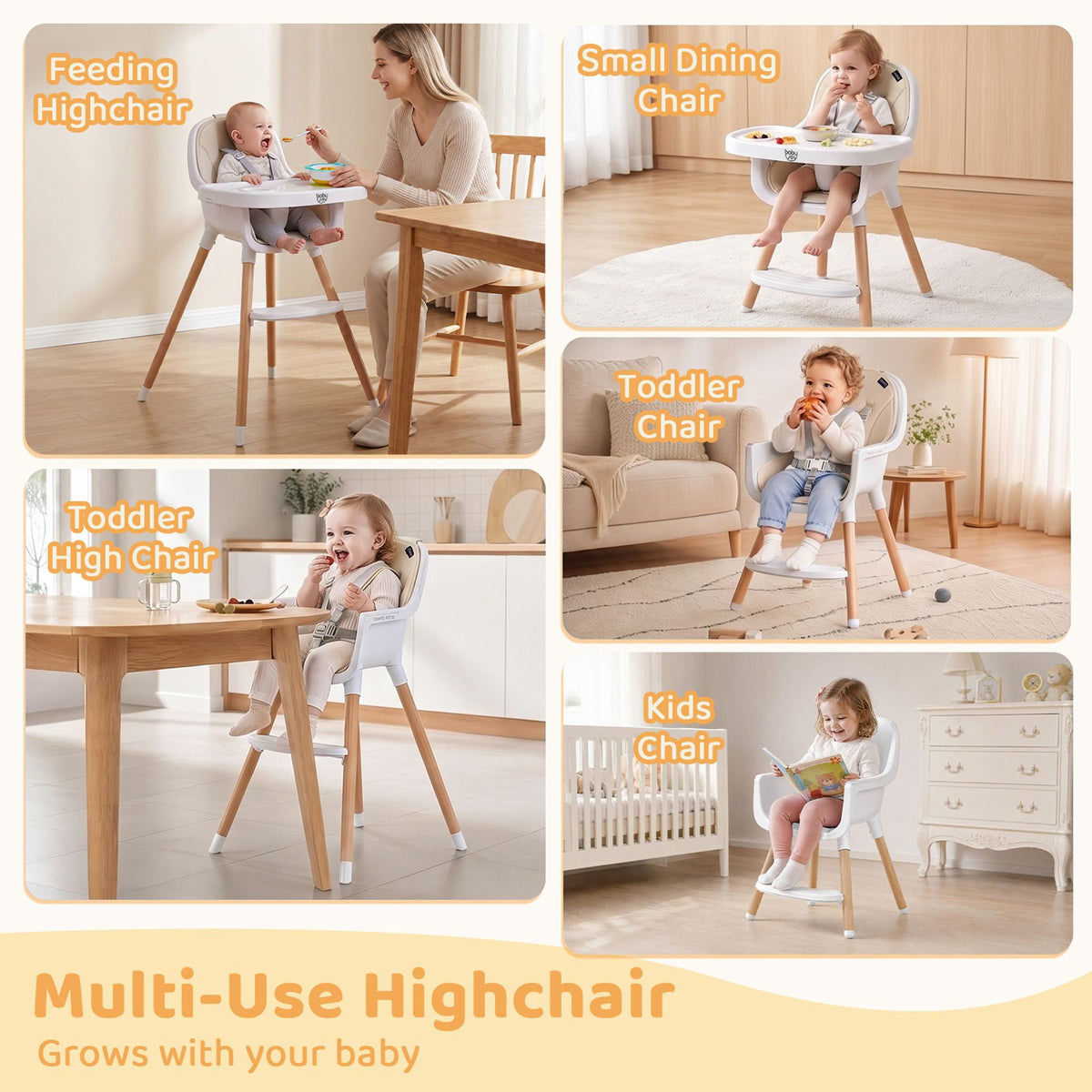 Convertible High Chair for Babies and Toddlers 5-Point Harness Dishwasher Safe Frame-Beige