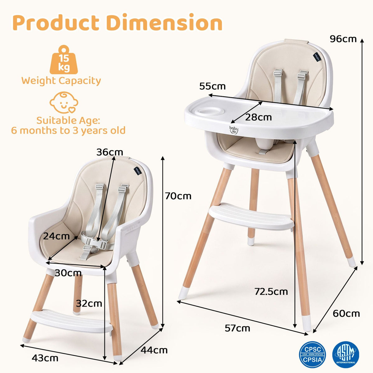 Convertible High Chair for Babies and Toddlers 5-Point Harness Dishwasher Safe Frame-Beige