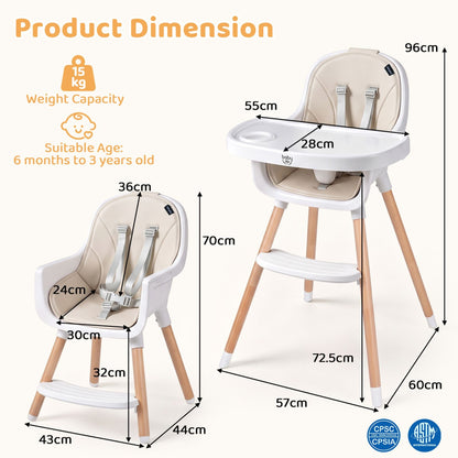 Convertible High Chair for Babies and Toddlers 5-Point Harness Dishwasher Safe Frame-Beige