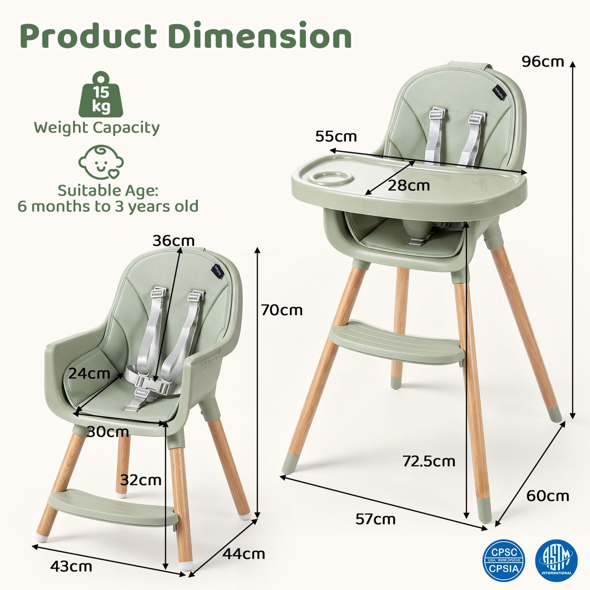 Convertible High Chair for Babies and Toddlers 5-Point Harness Dishwasher Safe Frame-Green