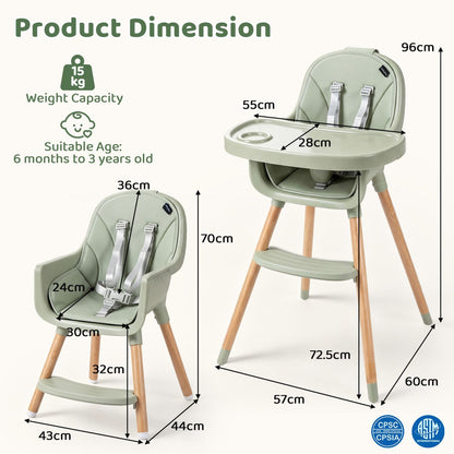 Convertible High Chair for Babies and Toddlers 5-Point Harness Dishwasher Safe Frame-Green