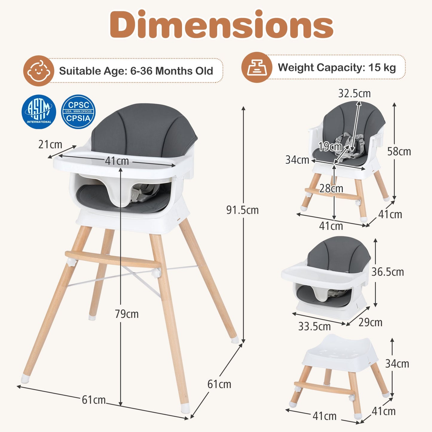 Convertible High Chair for Babies and Toddlers with Adjustable Tray-Grey