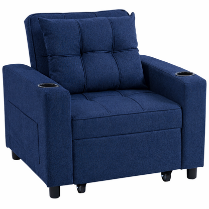 Blue armchair with cup holders on a white background