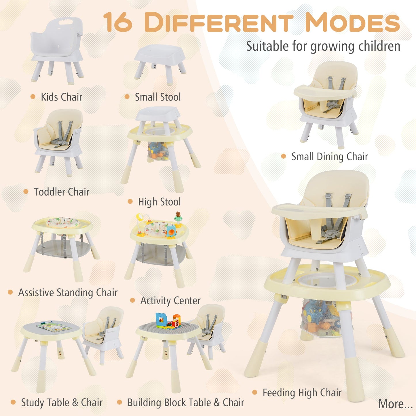 16-in-1 Convertible Baby High Chair with Removable Tray and 5-Point Harness-Beige