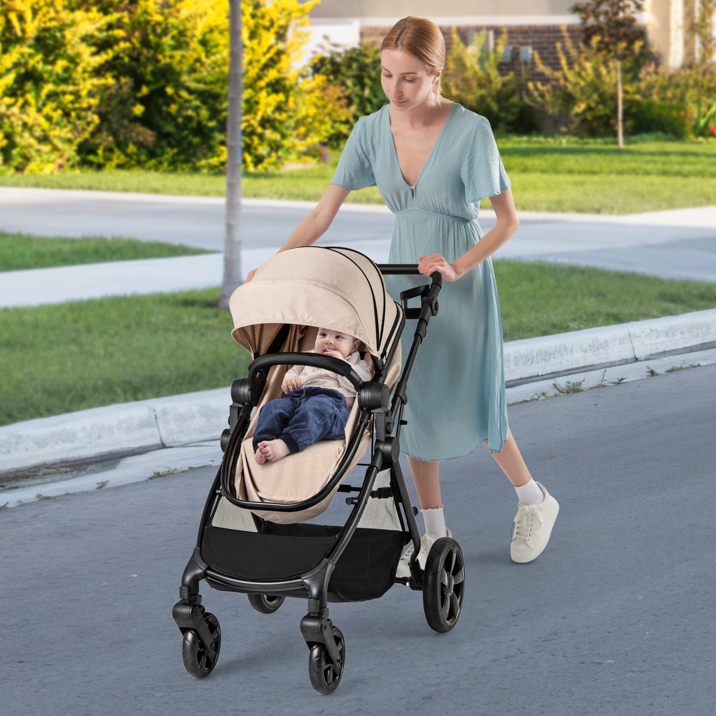2-in-1 Convertible Baby Stroller with Reversible Seat and Adjustable Canopy-Beige