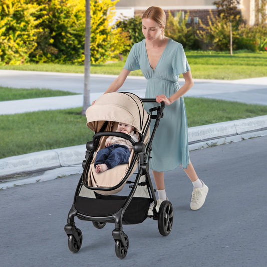 2-in-1 Convertible Baby Stroller with Reversible Seat and Adjustable Canopy-Beige