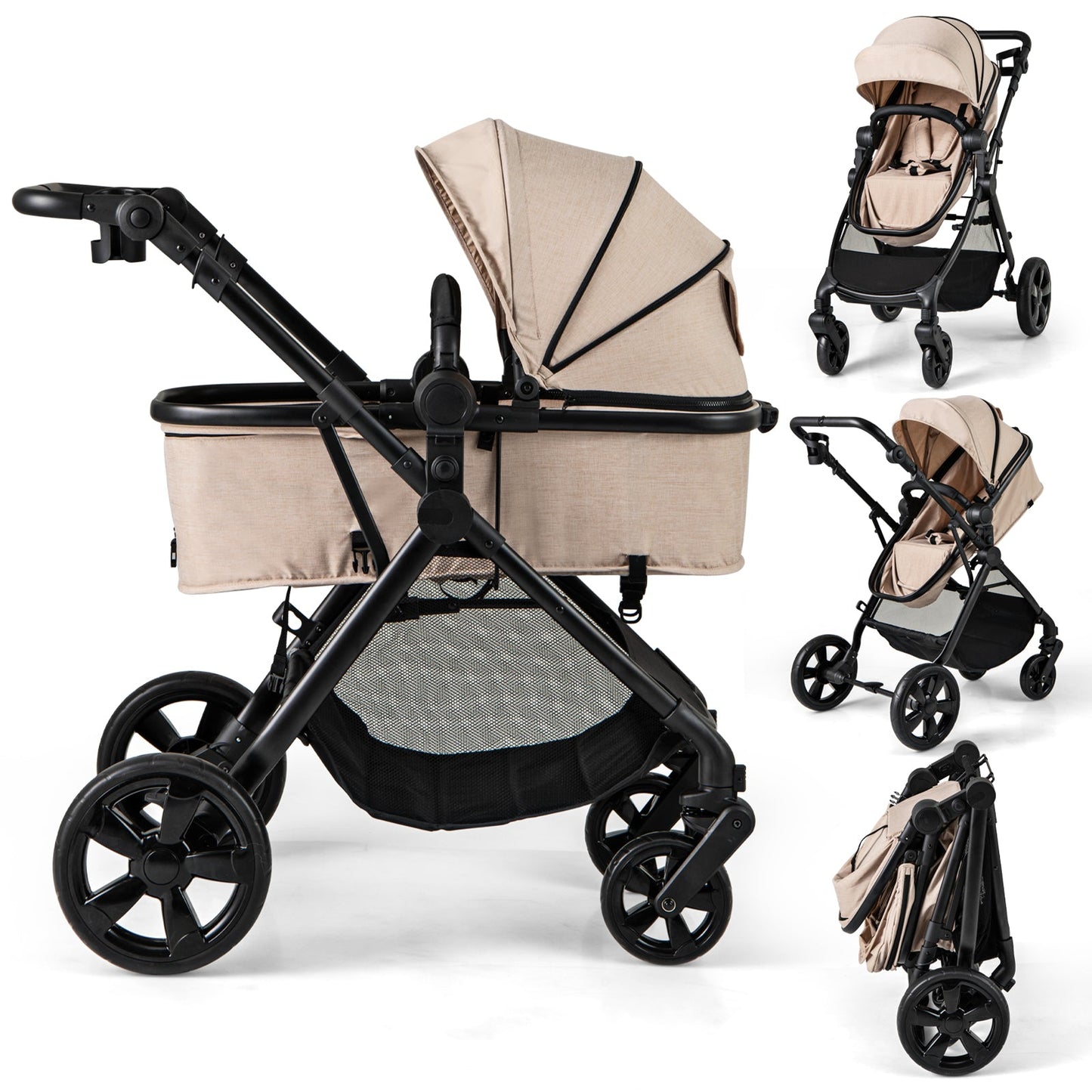 2-in-1 Convertible Baby Stroller with Reversible Seat and Adjustable Canopy-Beige