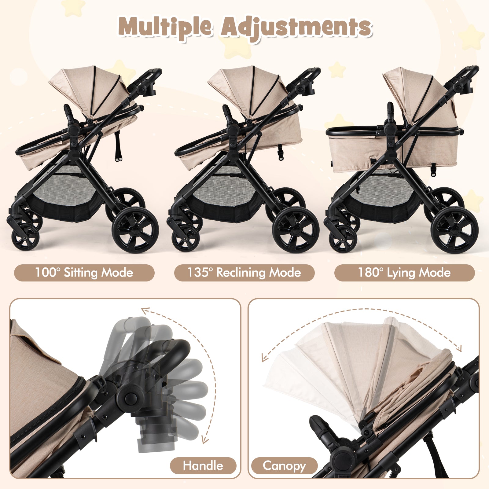 2-in-1 Convertible Baby Stroller with Reversible Seat and Adjustable Canopy-Beige