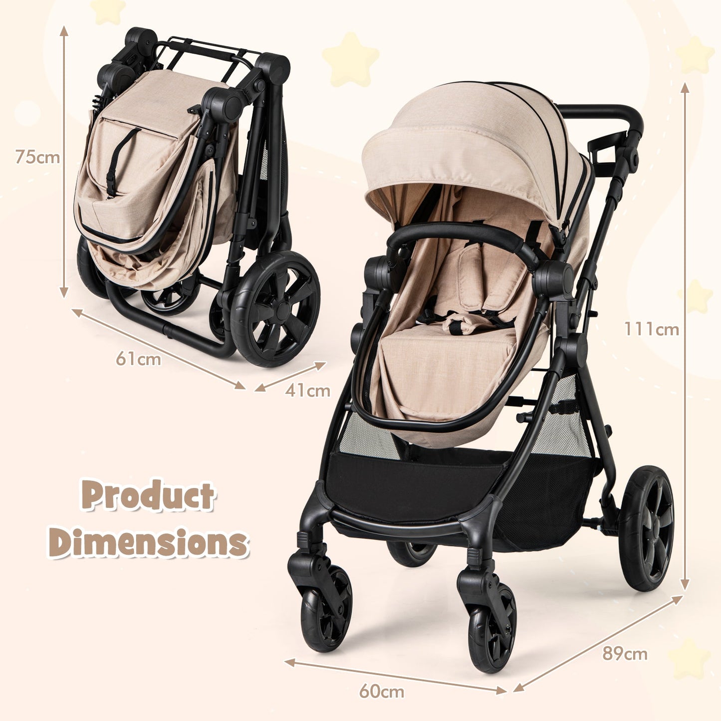 2-in-1 Convertible Baby Stroller with Reversible Seat and Adjustable Canopy-Beige