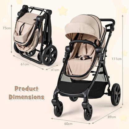 2-in-1 Convertible Baby Stroller with Reversible Seat and Adjustable Canopy-Beige