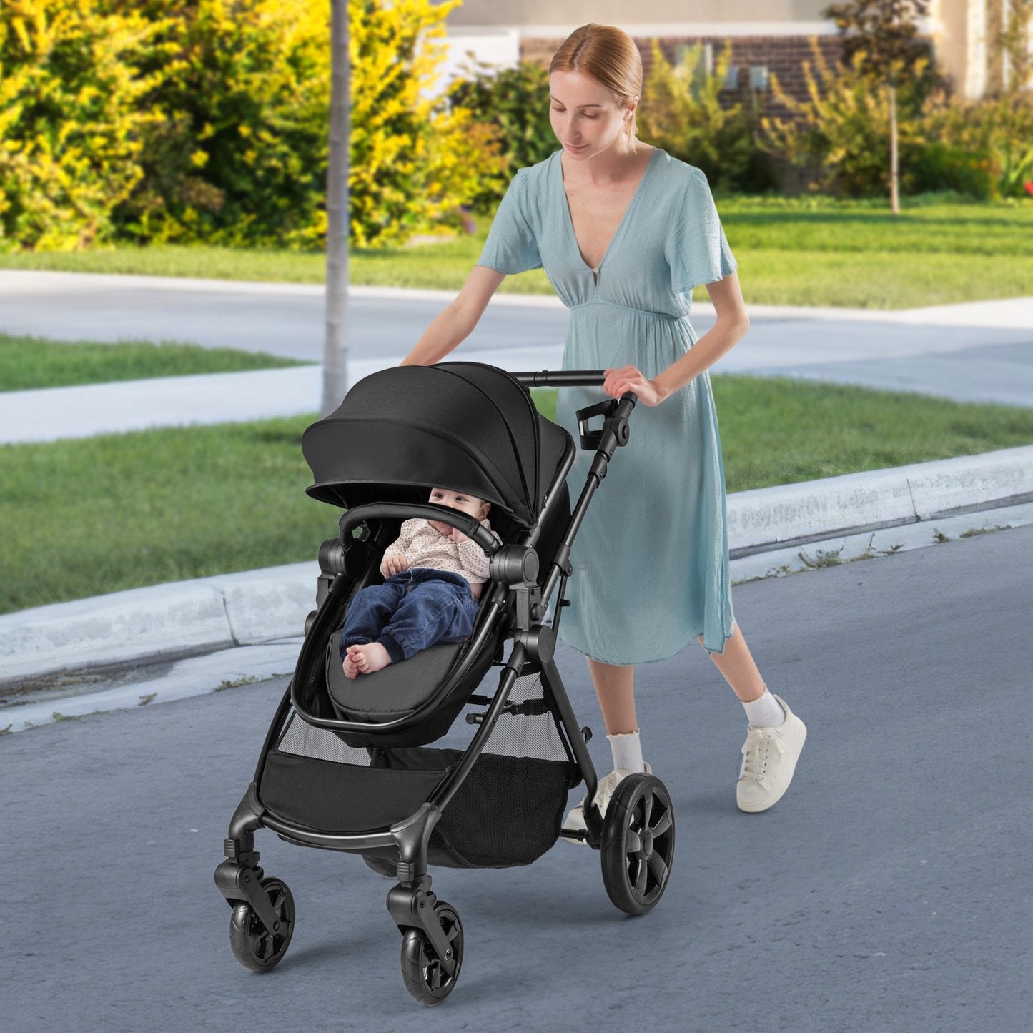 2-in-1 Convertible Baby Stroller with Reversible Seat and Adjustable Canopy-Black