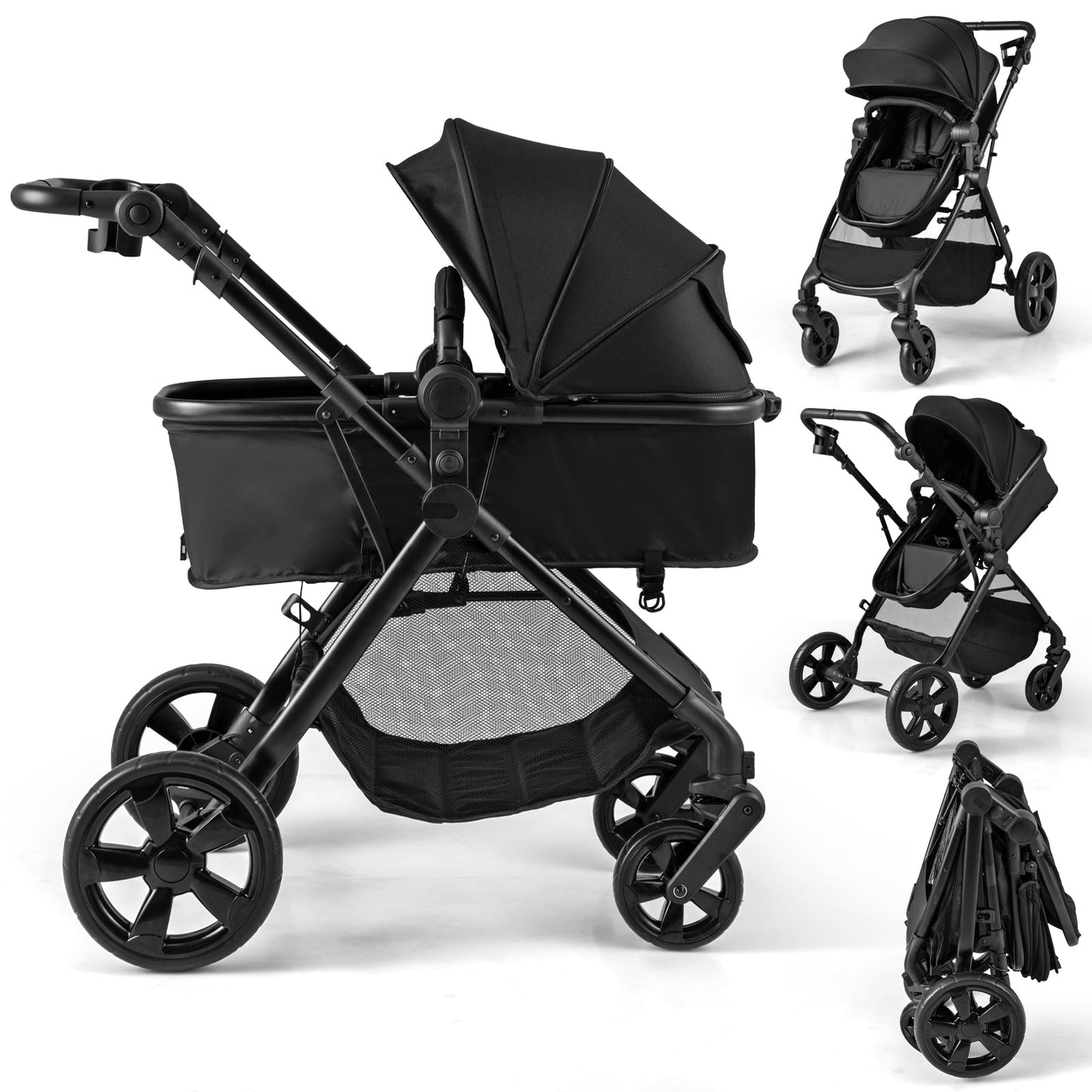 2-in-1 Convertible Baby Stroller with Reversible Seat and Adjustable Canopy-Black
