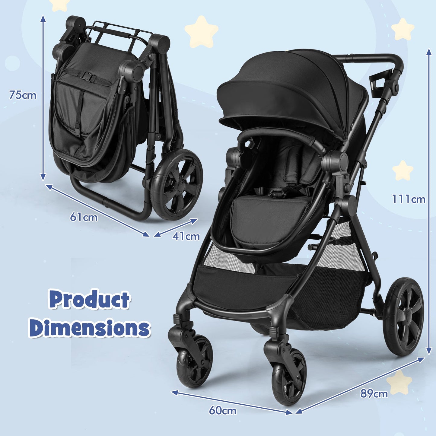 2-in-1 Convertible Baby Stroller with Reversible Seat and Adjustable Canopy-Black