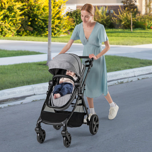 2-in-1 Convertible Baby Stroller with Reversible Seat and Adjustable Canopy-Grey