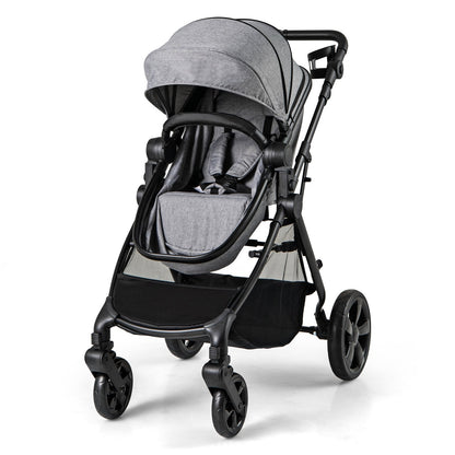 2-in-1 Convertible Baby Stroller with Reversible Seat and Adjustable Canopy-Grey