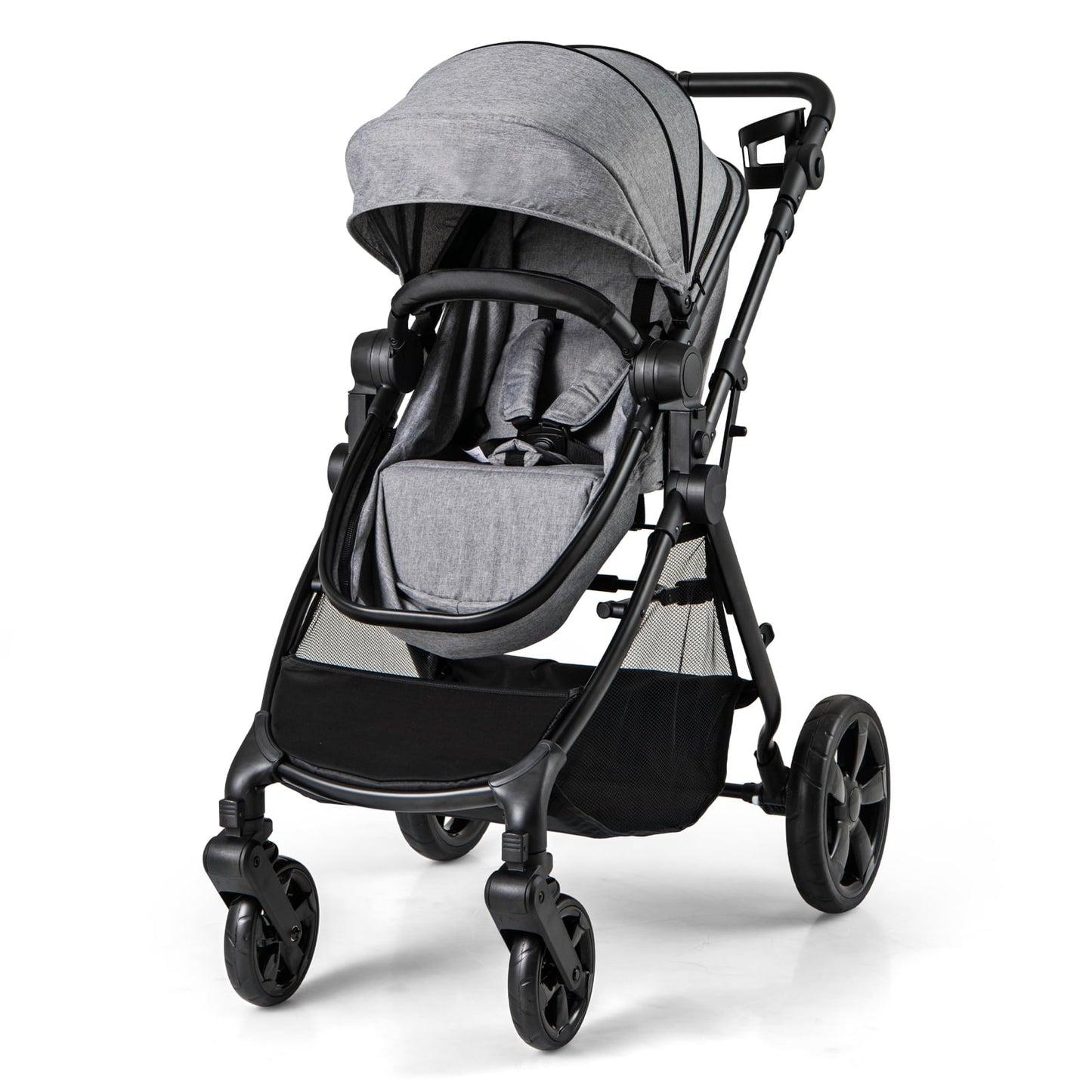 2-in-1 Convertible Baby Stroller with Reversible Seat and Adjustable Canopy-Grey