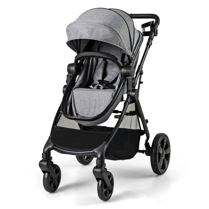 2-in-1 Convertible Baby Stroller with Reversible Seat and Adjustable Canopy-Grey